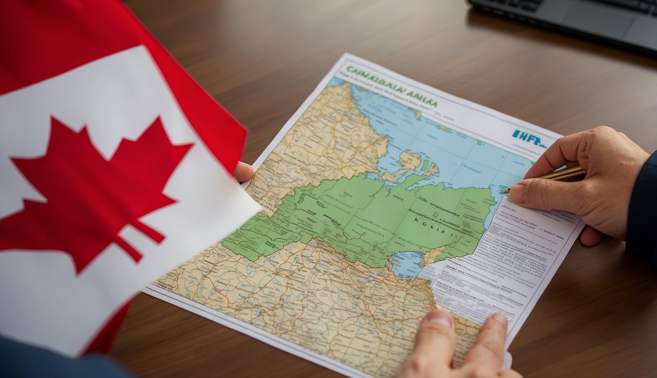 A person receiving a job offer letter from a Canadian company, with a Canadian flag in the background and a map of Nigeria on the table
