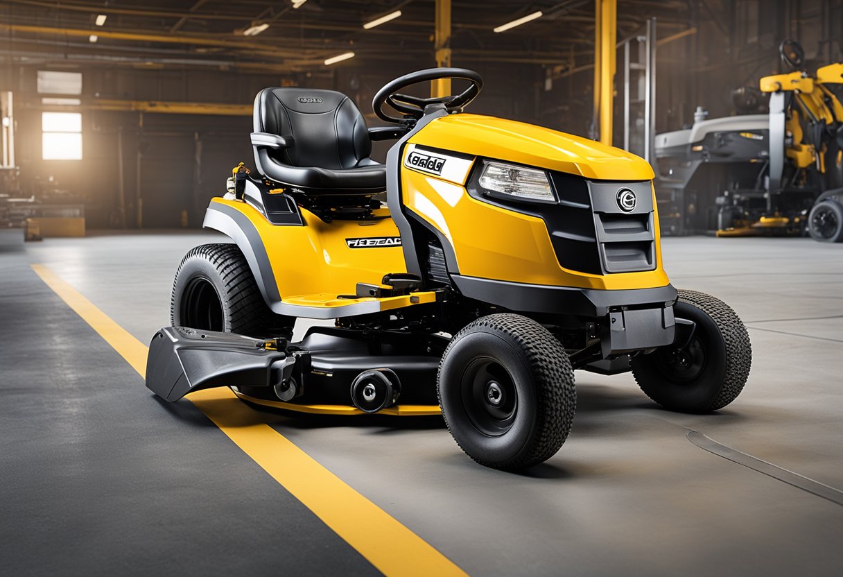 A Cub Cadet zero turn mower is tilted to one side, with a mechanic inspecting the underside for repair and maintenance solutions
