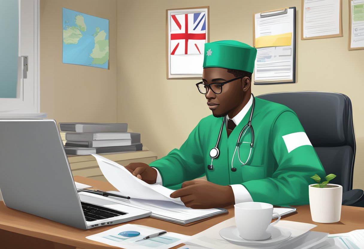 A Nigerian applicant submits documents to the UK nursing board online. A laptop, documents, and a Nigerian flag are visible in the scene