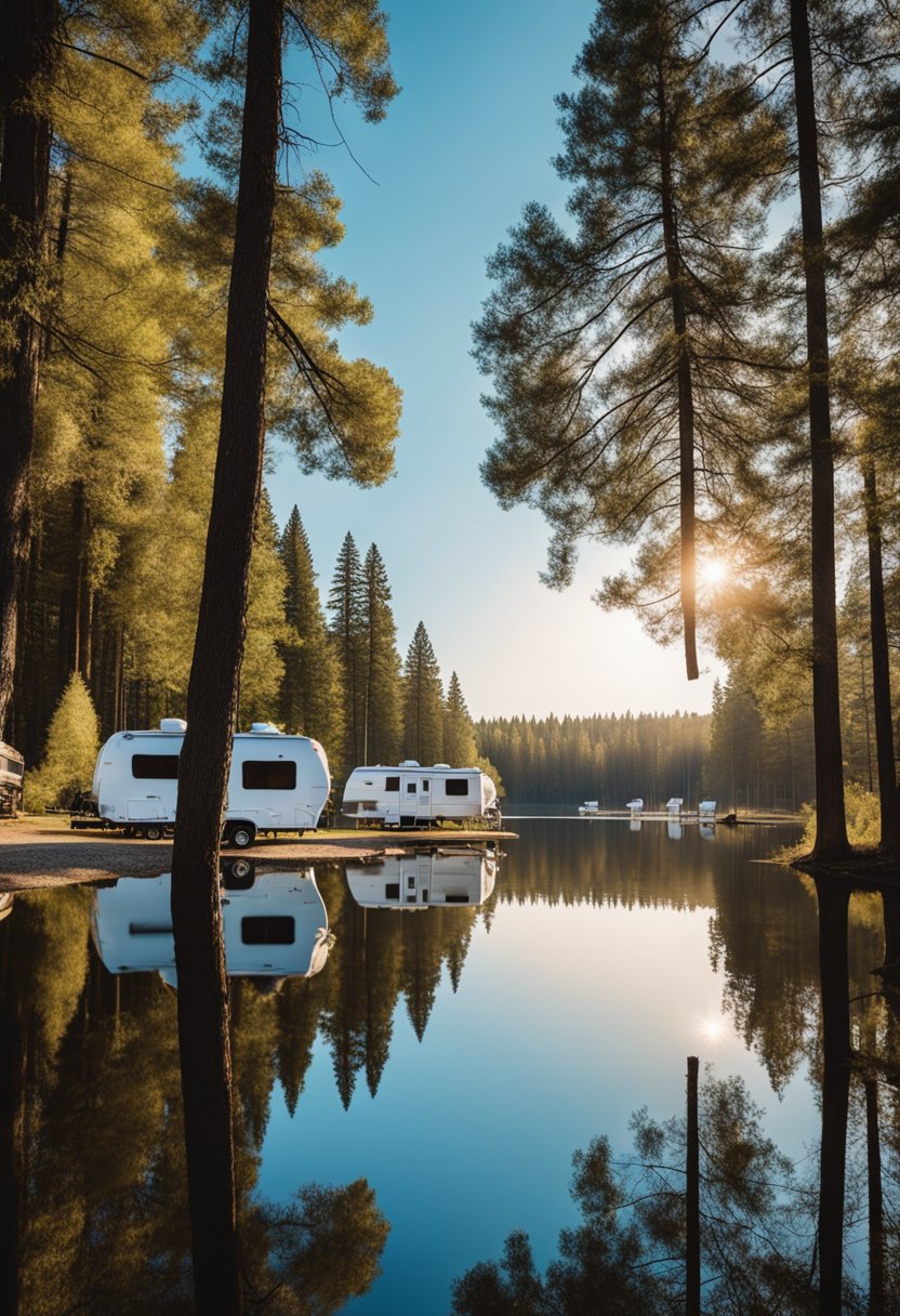 A serene campground with RVs nestled among tall trees and a tranquil lake, with a clear blue sky overhead