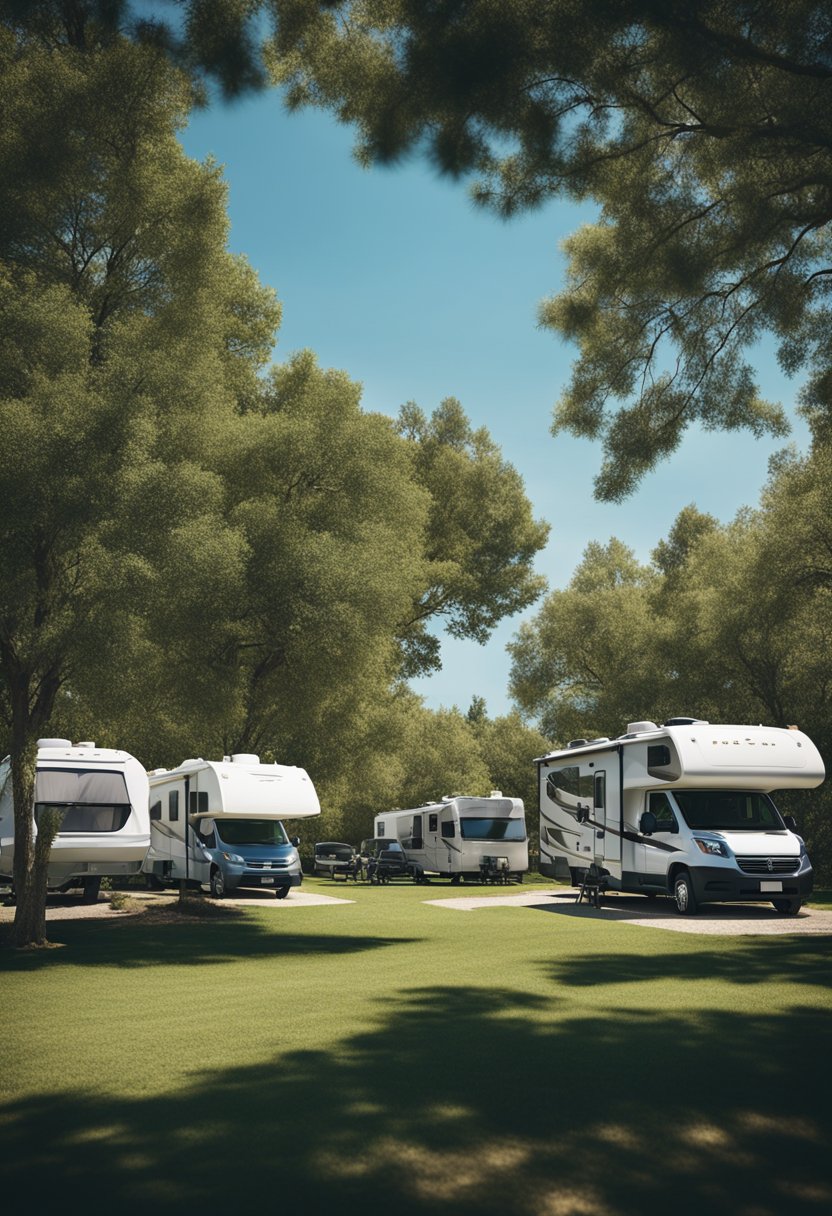 A peaceful RV park with neat rows of campers under a clear blue sky, surrounded by trees and with a serene atmosphere