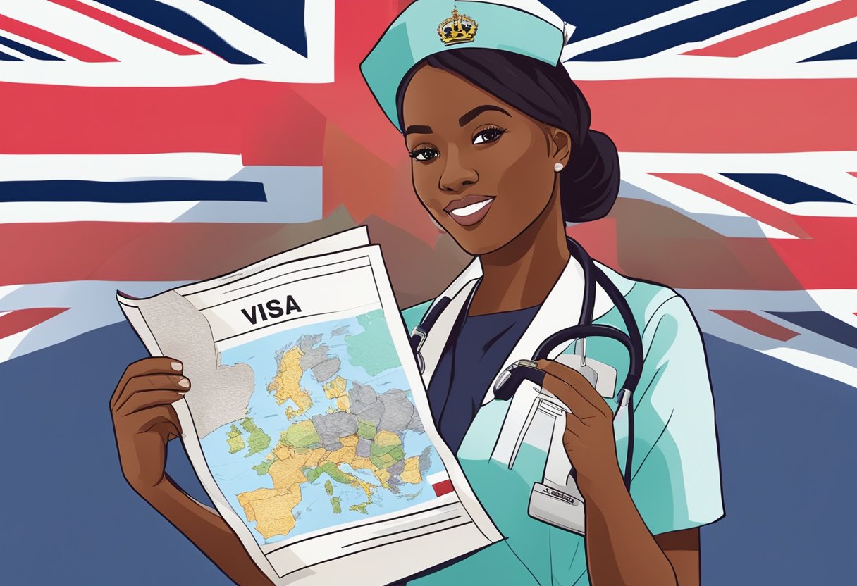 A nurse from Nigeria holds a UK visa and immigration paperwork, with a map of the UK in the background