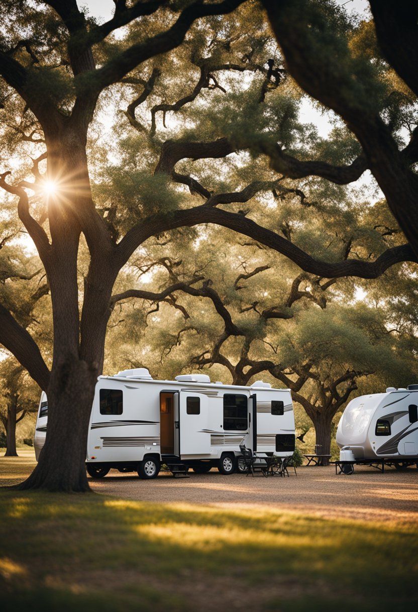 A peaceful RV park with cabins nestled among tall oak trees in Waco