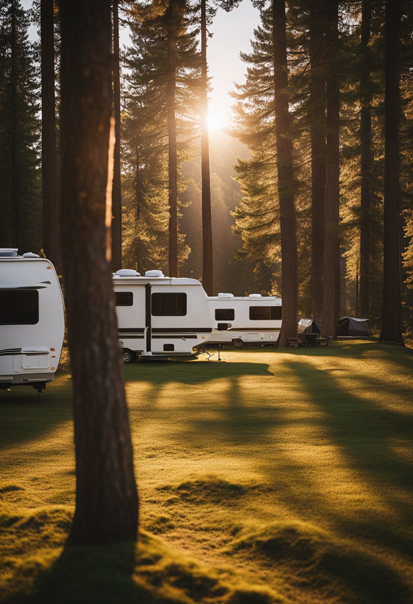 A serene RV park nestled in the woods, with deer grazing near the campsites. The sun sets behind the trees, casting a warm glow over the tranquil scene