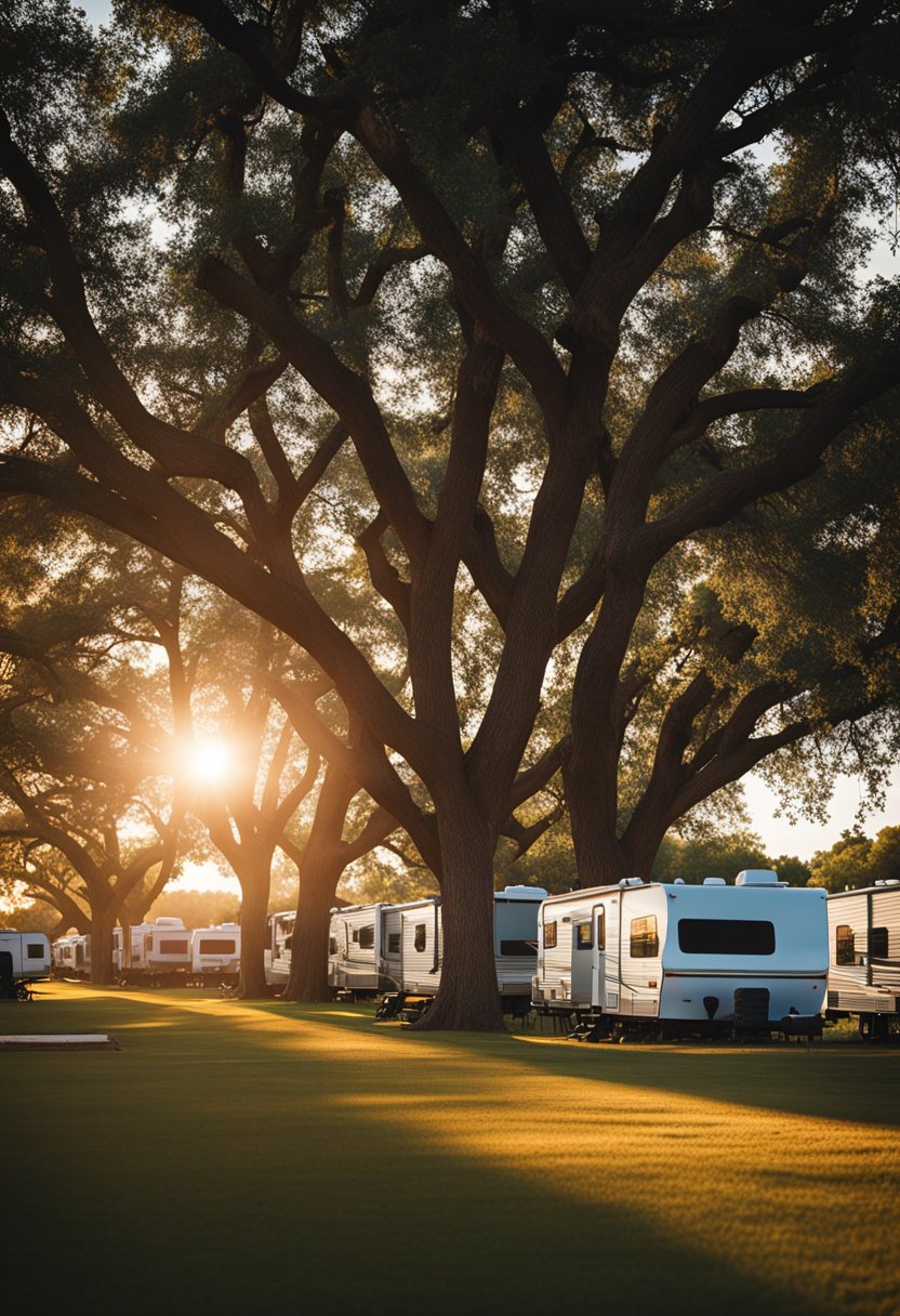 The sun sets behind rows of RVs at Midway Park 10 Affordable RV Campground in Waco, casting a warm glow over the peaceful, tree-lined campground