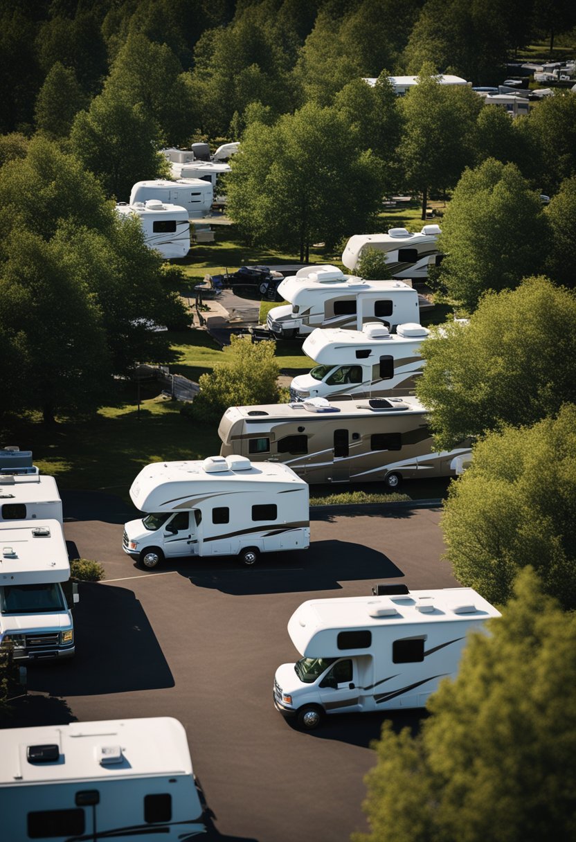 The RV campground sits nestled among tall trees, with neatly arranged sites and a central park area. A small office and amenities building are visible in the distance