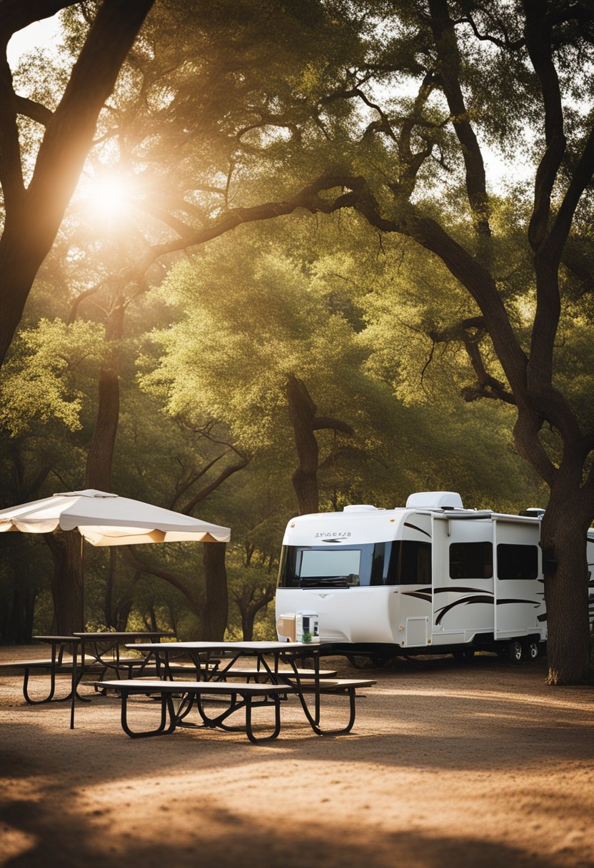 Speegleville Park 10 Affordable RV Campground in Waco features a serene setting with tall trees, picnic tables, and RV hookups nestled in a peaceful natural environment