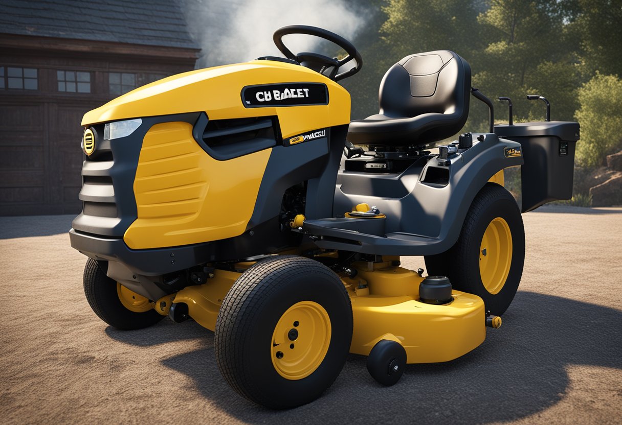 A Cub Cadet RZT 50 sits idle with smoke billowing from its engine, surrounded by scattered tools and frustrated expressions