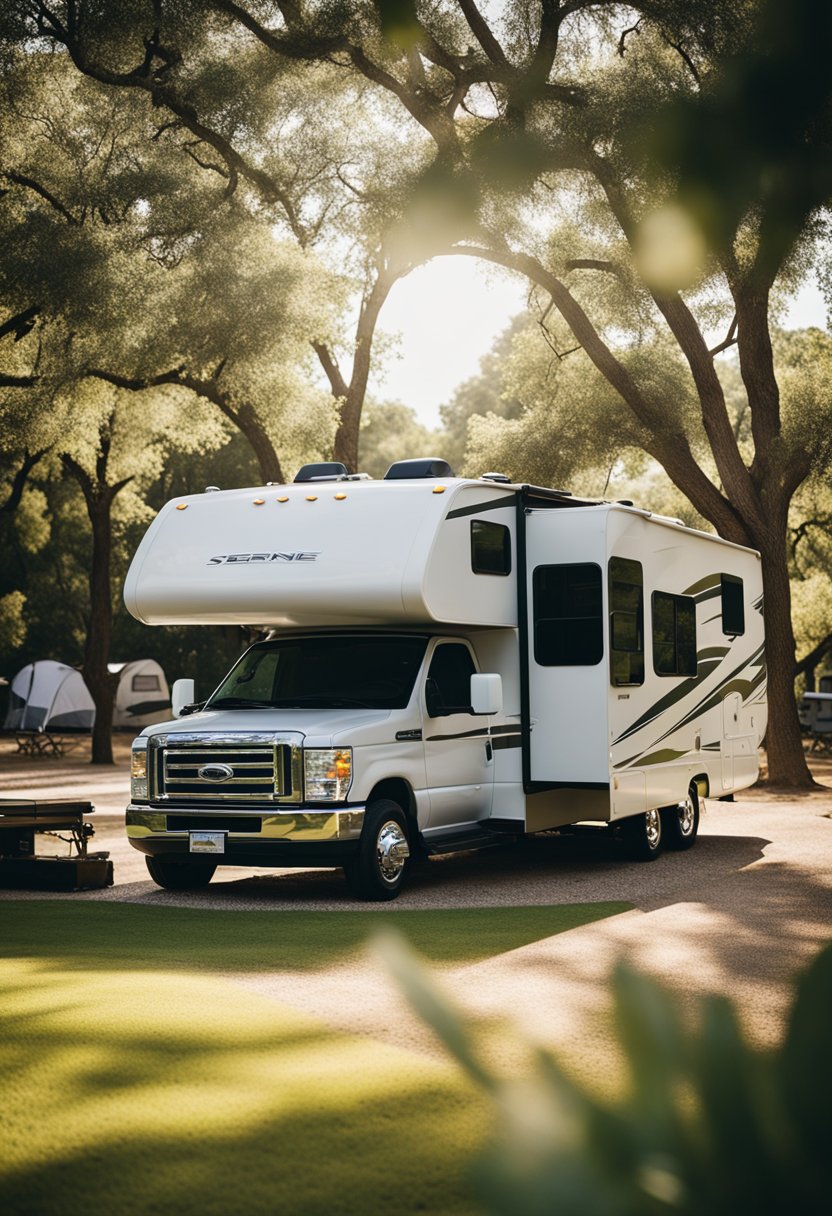 A serene RV park nestled in Waco, with neatly arranged campsites and lush greenery, offering an affordable and peaceful camping experience