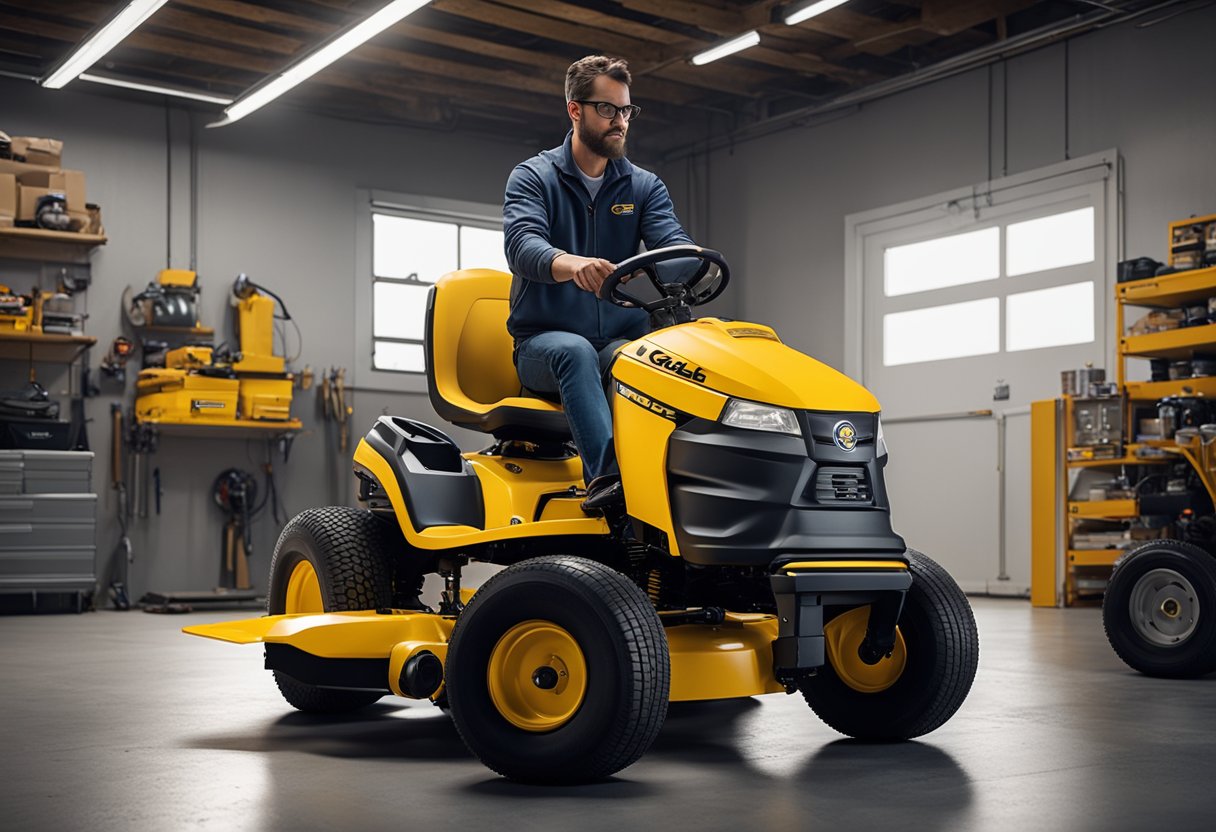 The Cub Cadet RZT 50 sits in a garage, with its transmission and drive system exposed. A mechanic inspects the components, identifying the source of the problems
