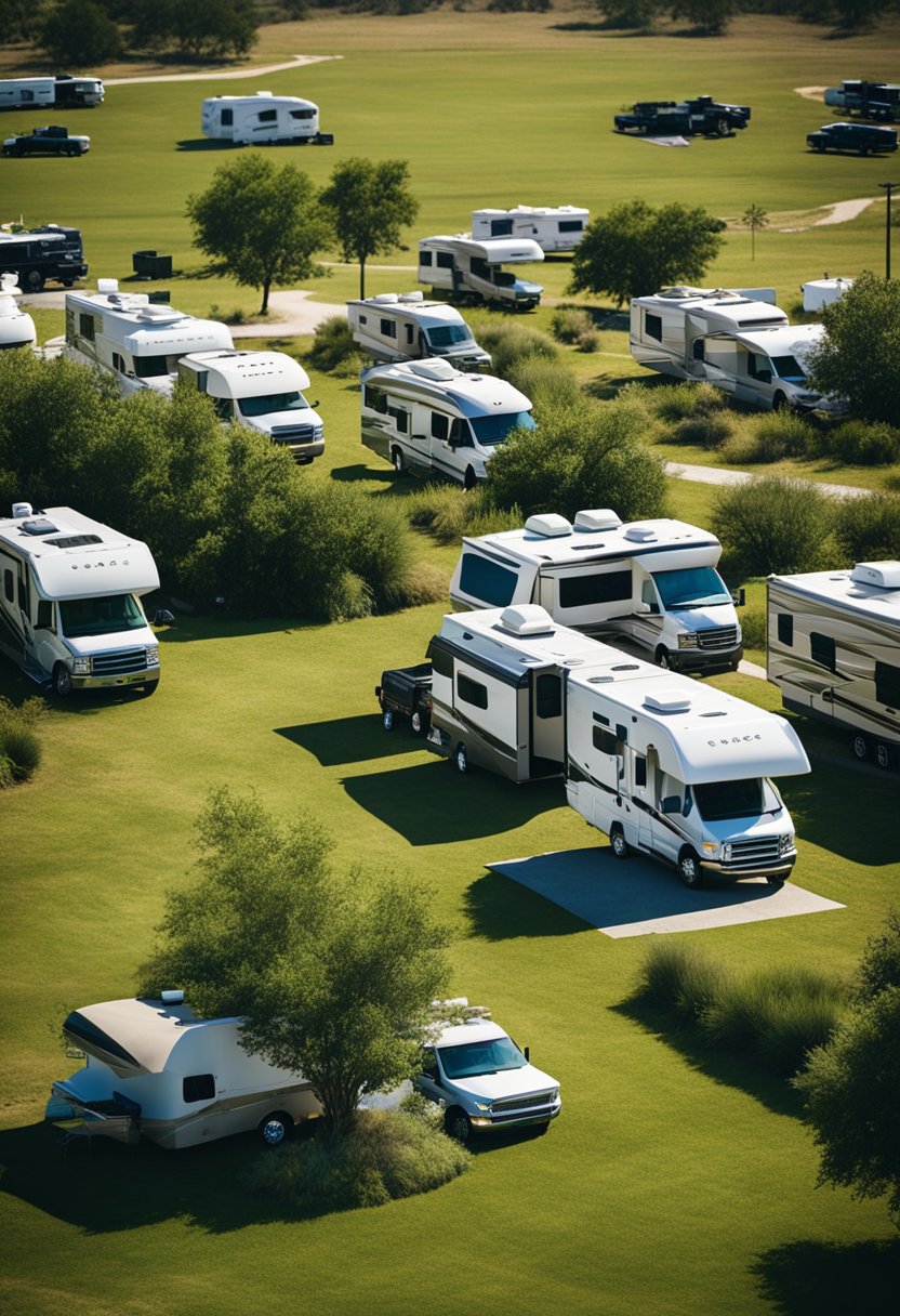 A map of Waco with RV campgrounds marked. A family packing supplies into their RV. A scenic view of the countryside