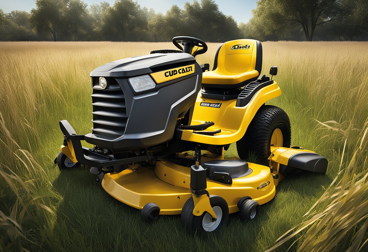 A Cub Cadet RZT 50 mower sits in a yard, surrounded by tall grass and a few scattered tools. The mower appears to be in disrepair, with visible signs of wear and tear