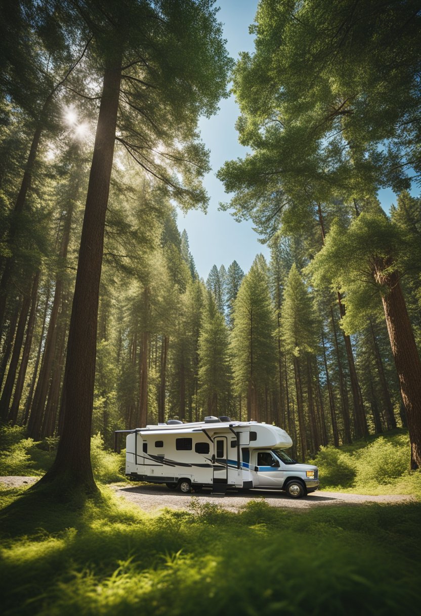 A serene RV campground nestled among tall trees with a winding river nearby, surrounded by lush greenery and a clear blue sky