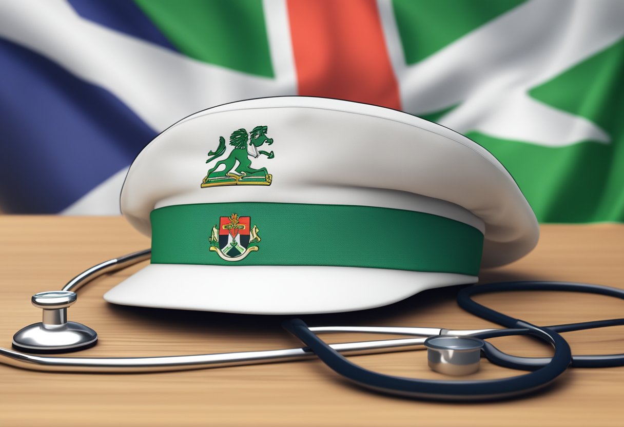 A nurse's cap and stethoscope on a desk with a UK and Nigerian flag in the background