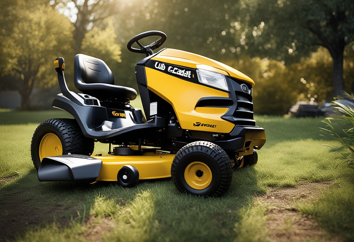 A Cub Cadet RZT L 54 mower sits in a yard, with smoke billowing from its engine. The grass is overgrown, and the blades are jammed with debris