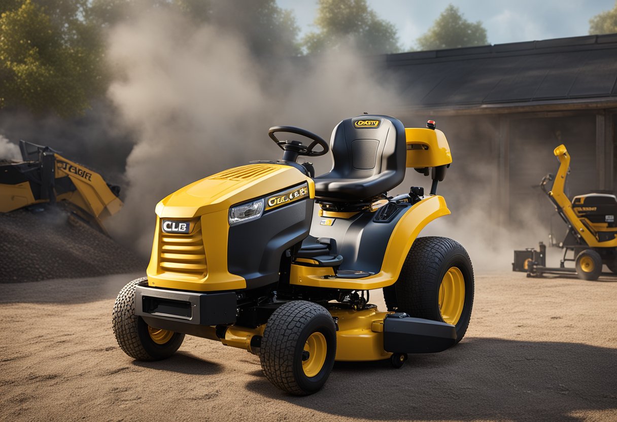 A Cub Cadet RZT L 54 sits idle with smoke rising from the engine, surrounded by scattered tools and frustrated expressions