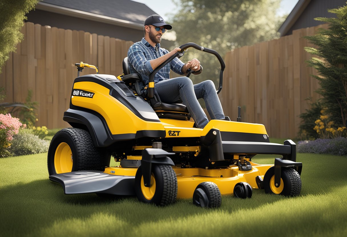 A Cub Cadet RZT L 54 mower with mechanical issues, surrounded by tools and a frustrated owner seeking solutions