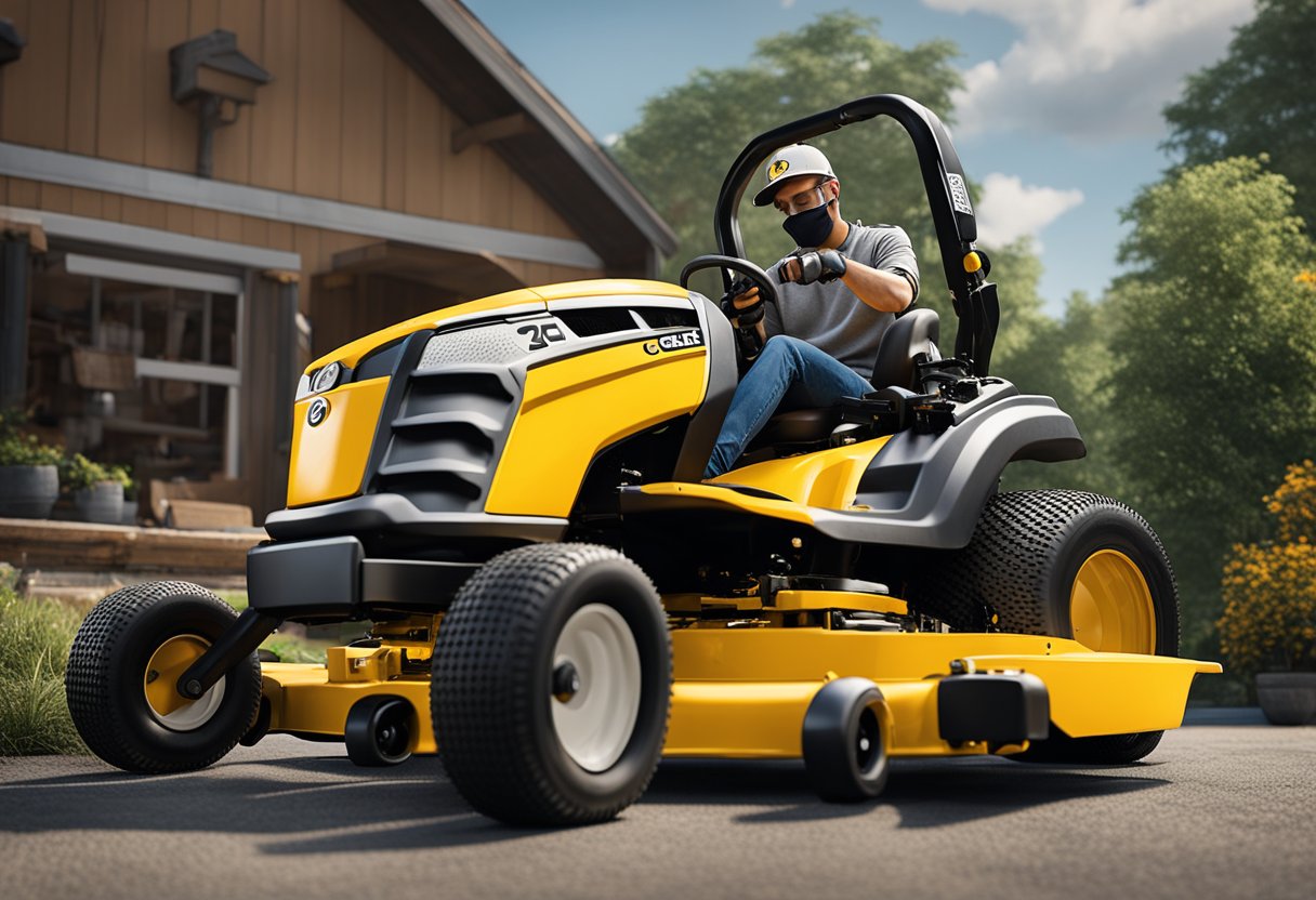 A mechanic performs regular maintenance on a Cub Cadet zero-turn mower, adjusting one side that is not working