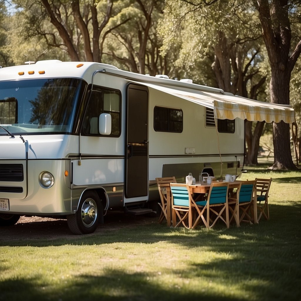 A shiny RV parked in a grassy campground, surrounded by trees and a clear blue sky. A family sits at a picnic table, smiling and enjoying the outdoors