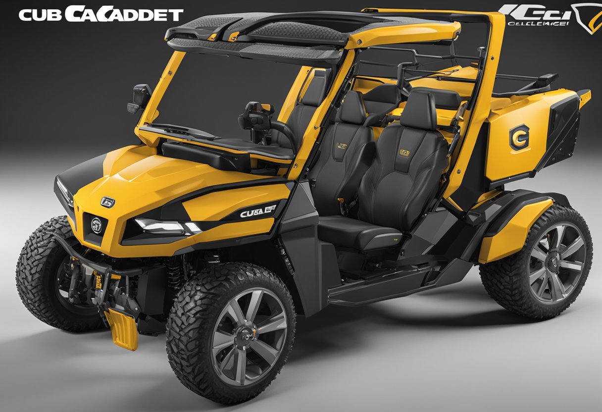 The Cub Cadet Challenger 700 is shown with visible structural and safety features highlighted, such as roll bars, seat belts, and reinforced body panels