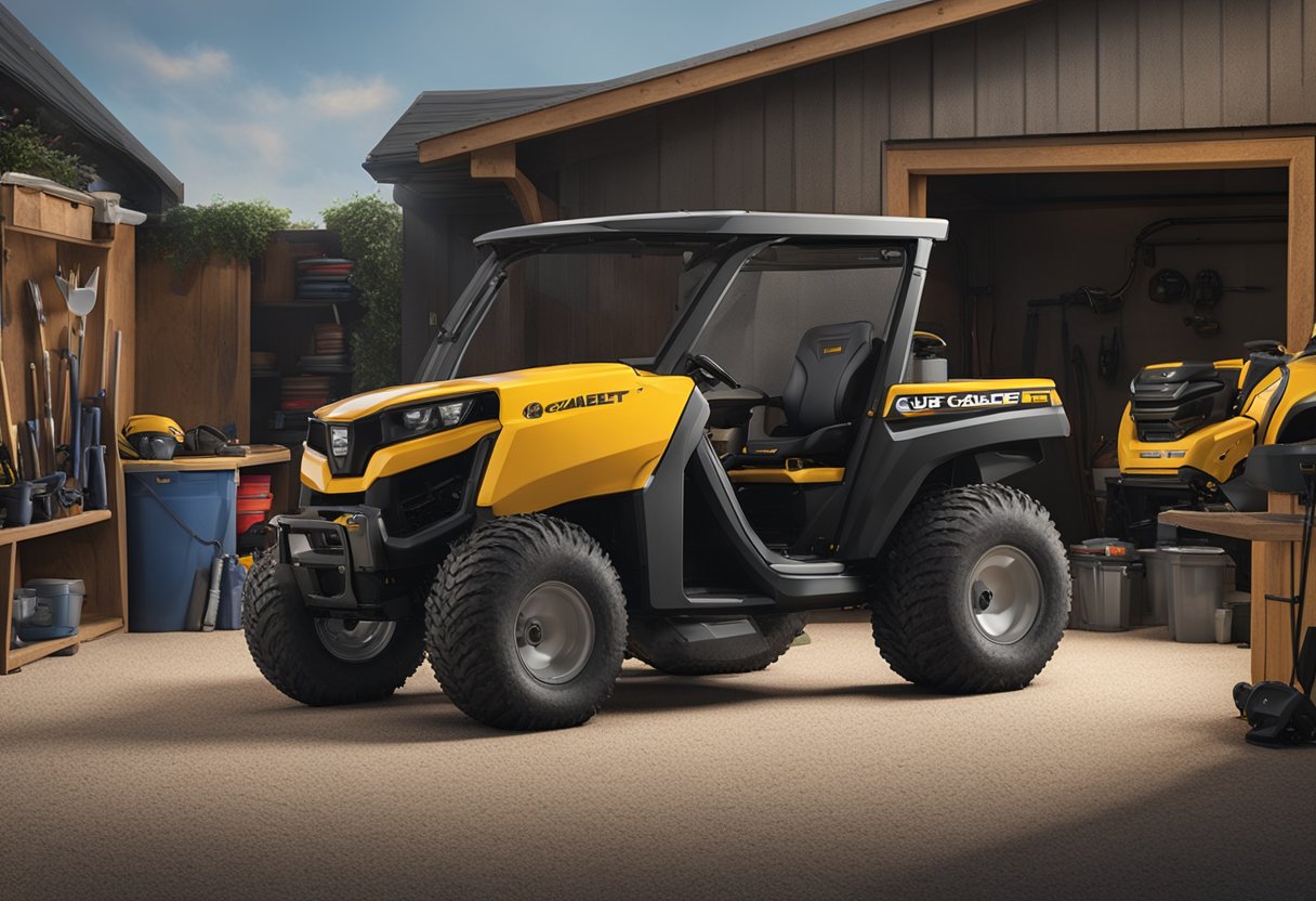 The Cub Cadet Challenger 700 sits in a garage, surrounded by tools and equipment. Its tires are flat, and the engine is open, showing signs of maintenance