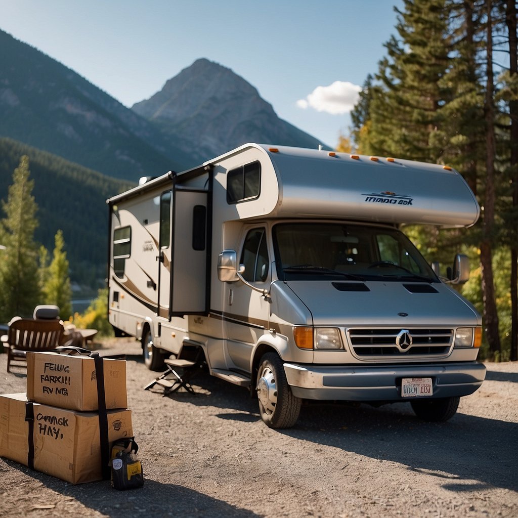 A family RV parked at a campsite, with a mountain backdrop and a clear blue sky. The RV is adorned with specific insurance policy stickers
