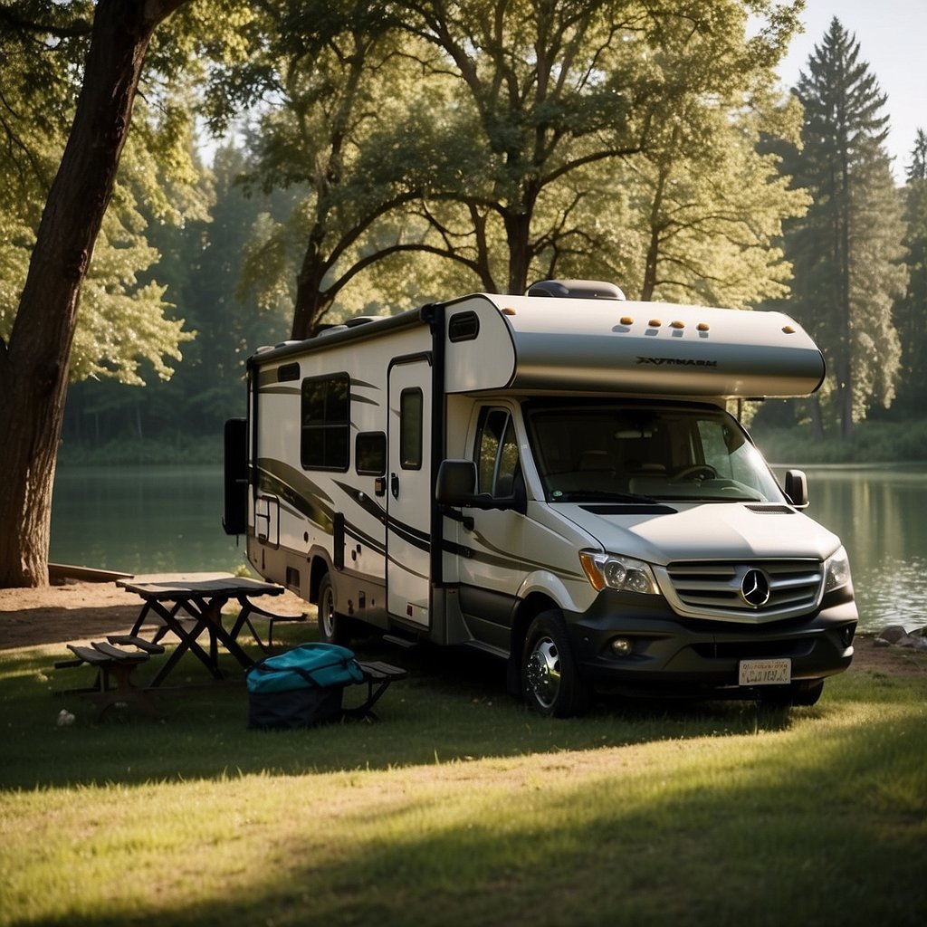 An RV parked in a scenic campground, surrounded by lush trees and a serene lake, with an insurance agent discussing policy details with the owner