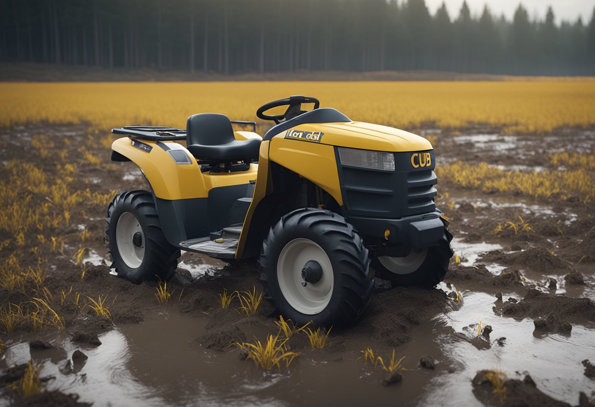 A Cub Cadet Volunteer sits idle with a flat tire in a muddy field