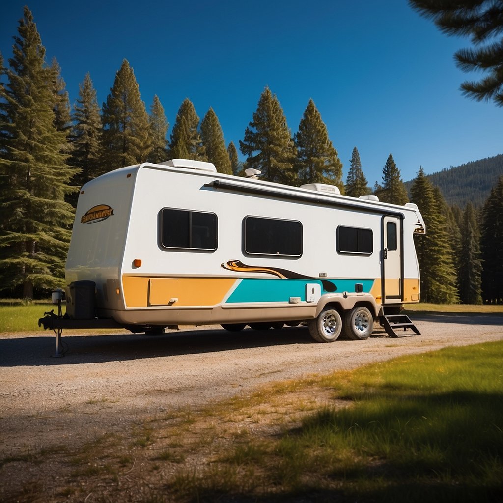 A colorful banner with "Discounts and Savings" hangs above an RV parked in a sunny campground, surrounded by trees and a clear blue sky