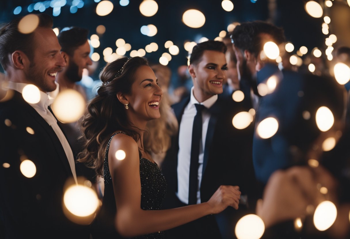Guests dance under twinkling lights at a grand wedding reception. Music fills the air as laughter and joy abound