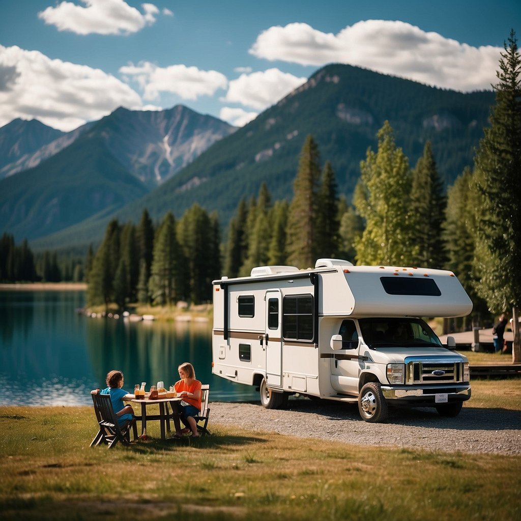 An RV parked in a scenic campground, with a backdrop of mountains and a calm lake, while a family enjoys a picnic nearby