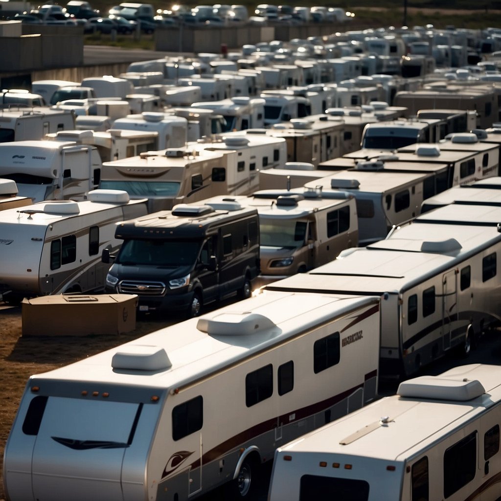 Various RVs parked in a lot, including motorhomes, trailers, and campers. Each vehicle is labeled with different insurance coverage options
