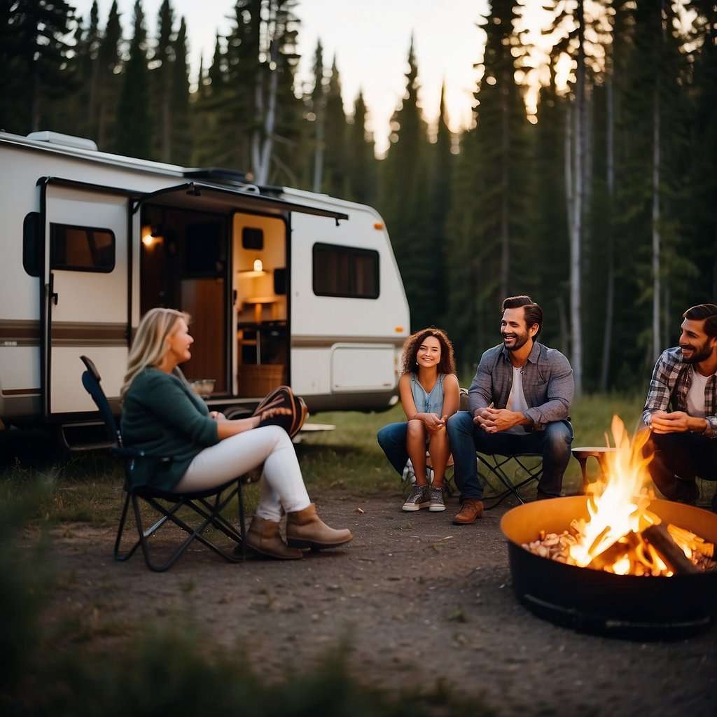A family sits around a campfire at a remote campsite, with their RV parked nearby. A representative from an insurance company discusses unique coverage options with them