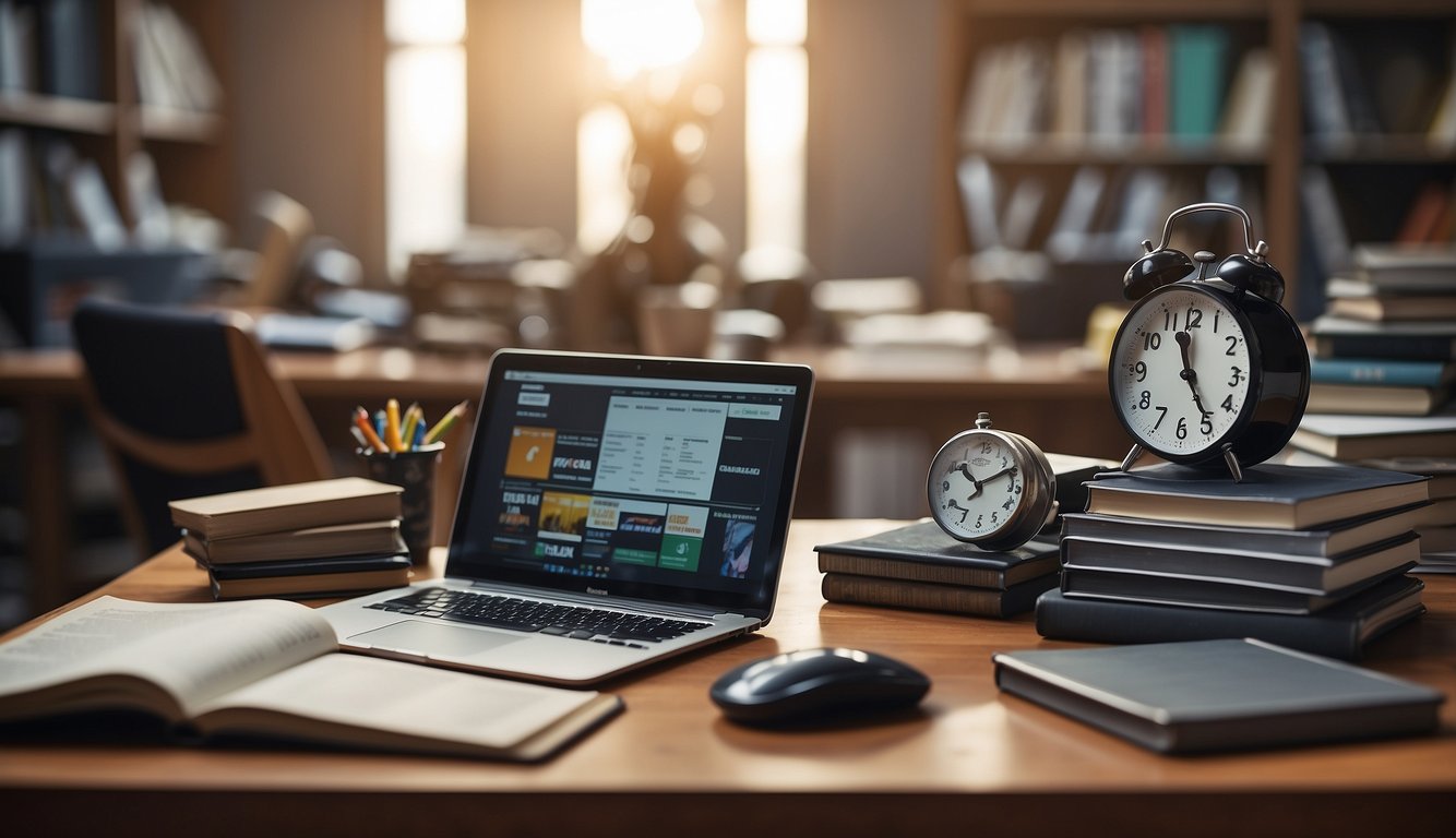 A cluttered desk with open textbooks, a laptop displaying a Youtube video, and a clock ticking in the background
