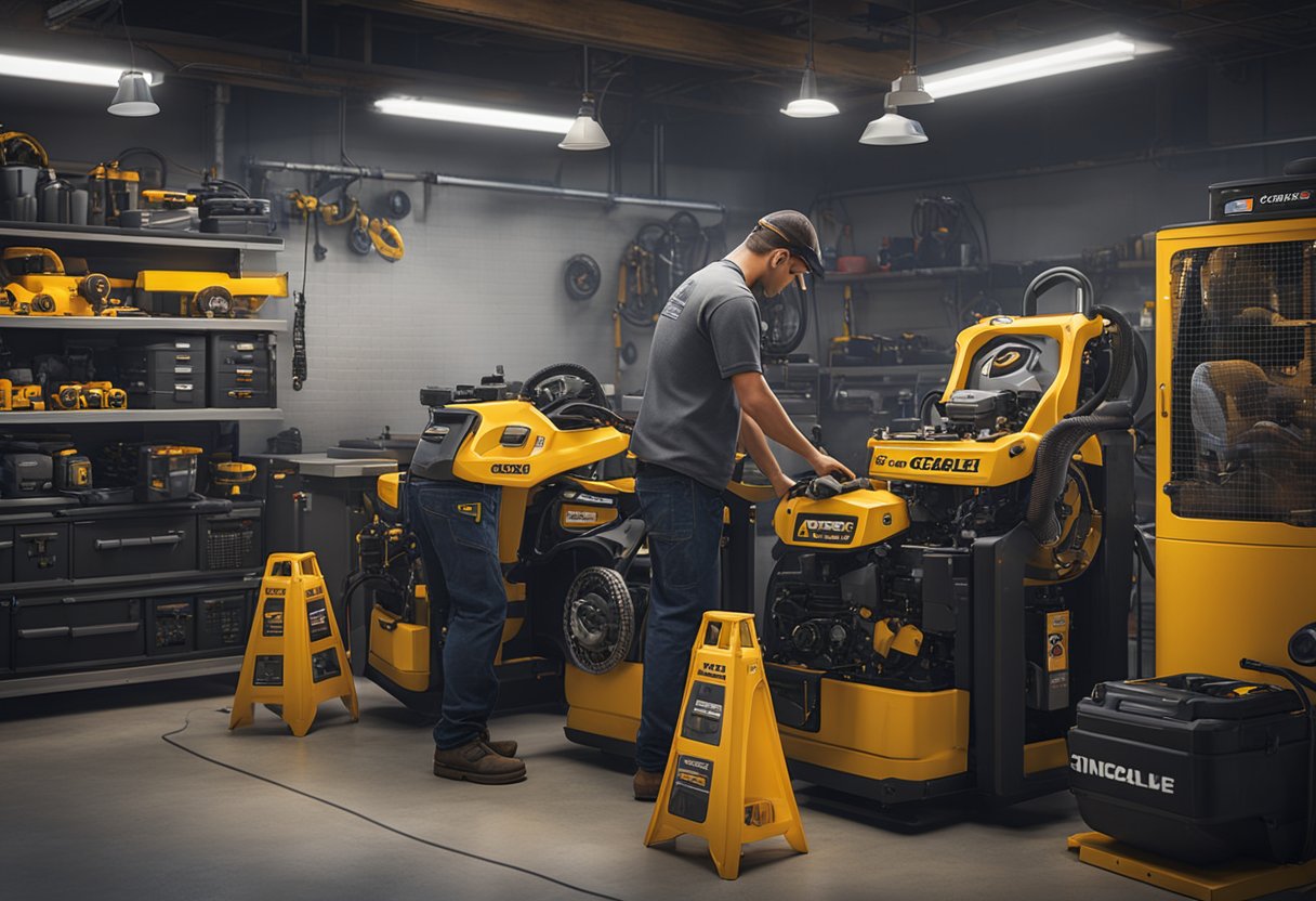 A mechanic repairing a Cub Cadet transmission with tools and diagnostic equipment in a well-lit service center