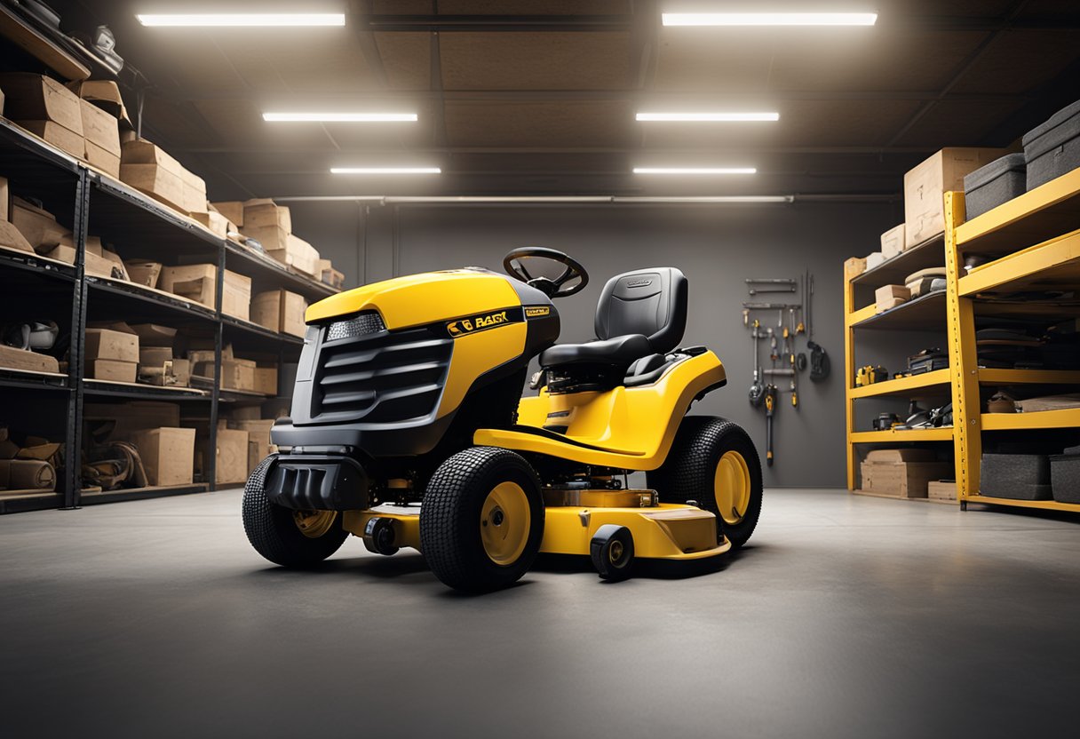 A Cub Cadet lawnmower sits in a garage with its transmission exposed, surrounded by tools and a concerned owner