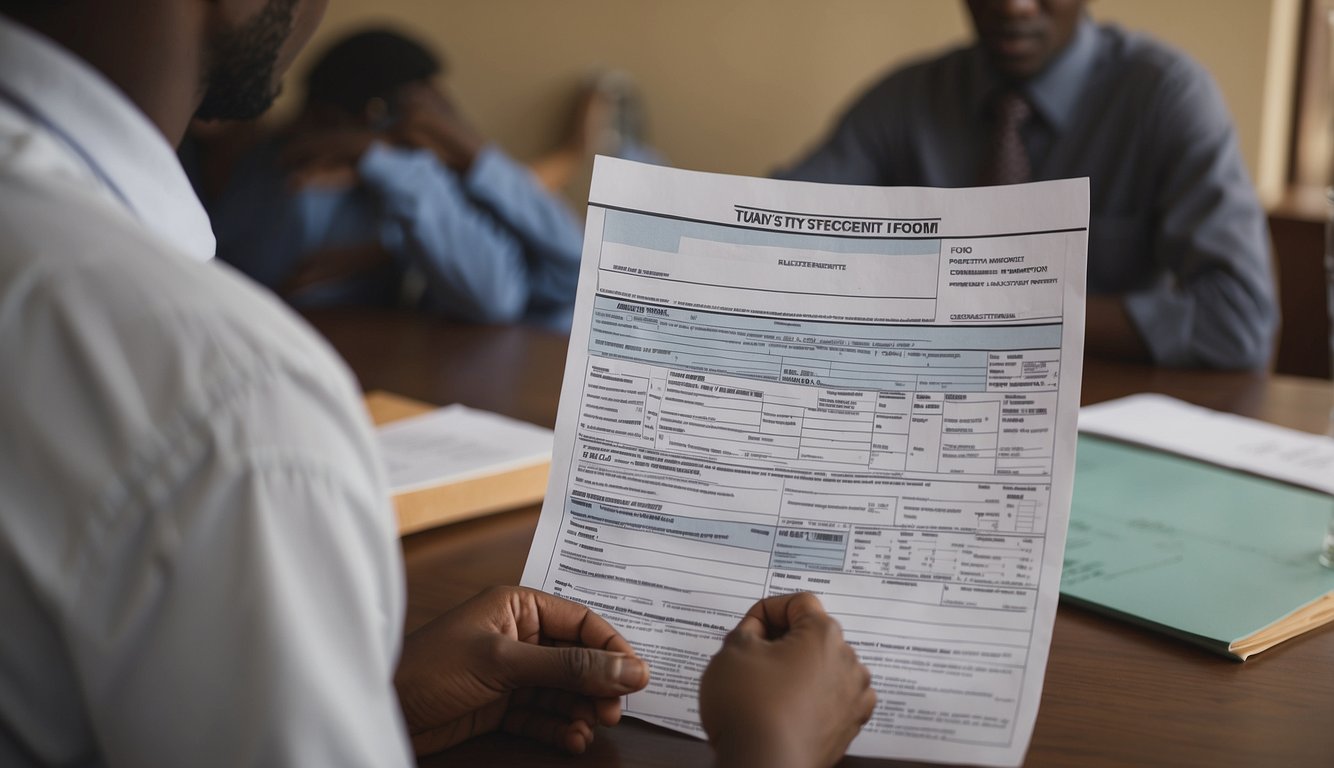 A student's transcript and application form are being reviewed by university officials in Nigeria. The transfer process is outlined on a poster in the background
