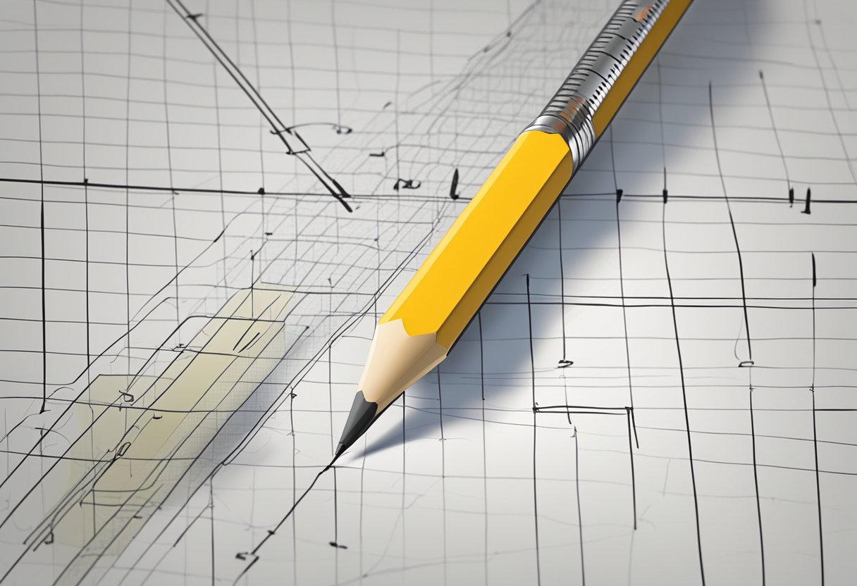 A pencil and ruler on a blank sheet of graph paper. The pencil is drawing a straight line with an equation written next to it