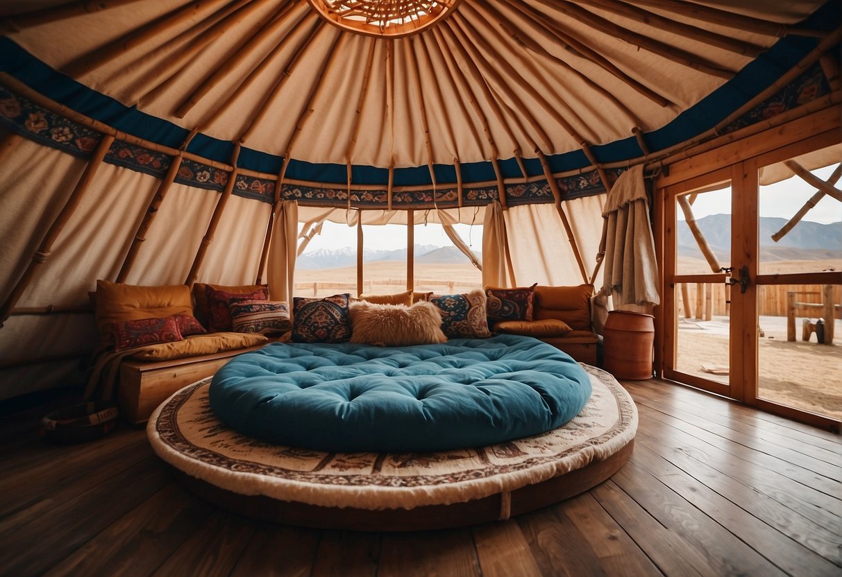 A circular Mongolian yurt with a wooden lattice frame, covered in felt and canvas, with a central roof opening and a decorative door flap