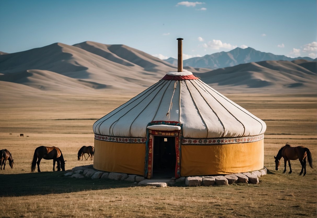 A Mongolian yurt stands on the vast steppe, its circular frame covered in white felt, with a pointed roof and a colorful door flap. Surrounding it are grazing horses and a family tending to their daily tasks