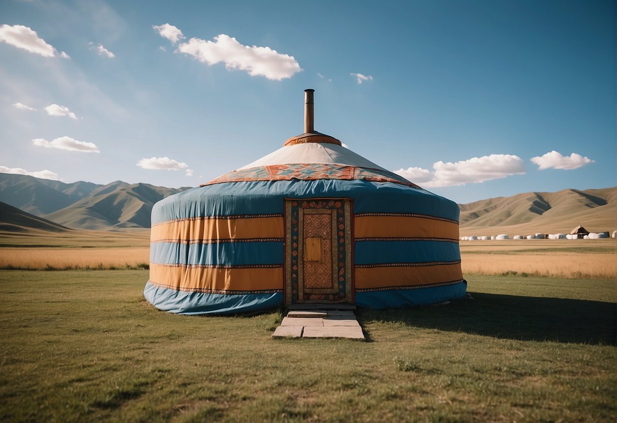 A traditional Mongolian yurt sits on a grassy steppe, surrounded by rolling hills and a clear blue sky. The circular structure is adorned with colorful patterns and a pointed roof, with a welcoming doorway facing the viewer