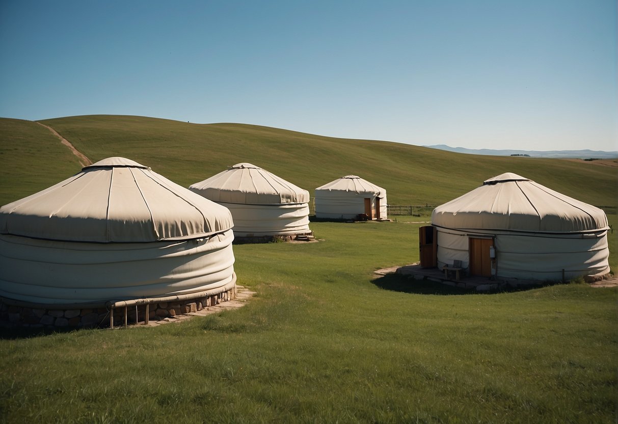 Yurts dot a grassy plain, nestled between rolling hills and under a clear blue sky