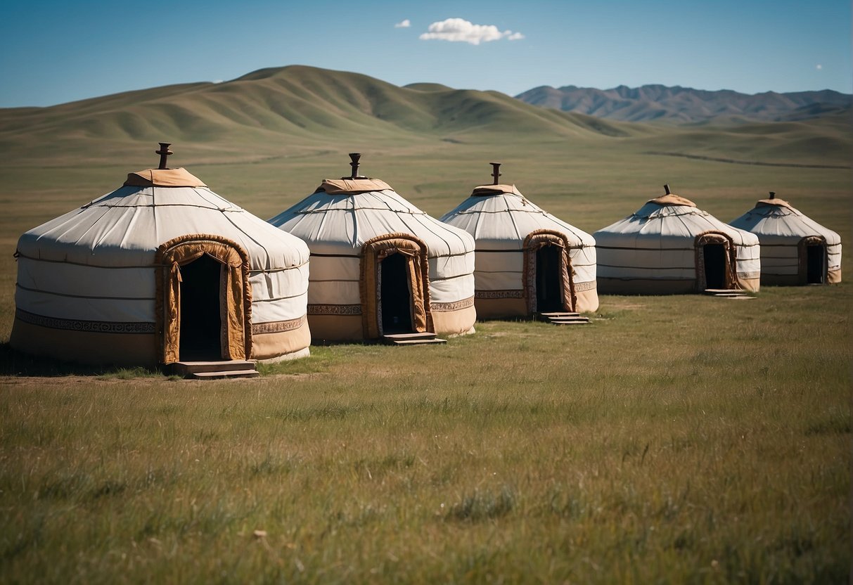 Yurts dot the vast Mongolian steppe, symbolizing nomadic heritage and communal living. A backdrop of rolling hills and clear blue skies completes the scene