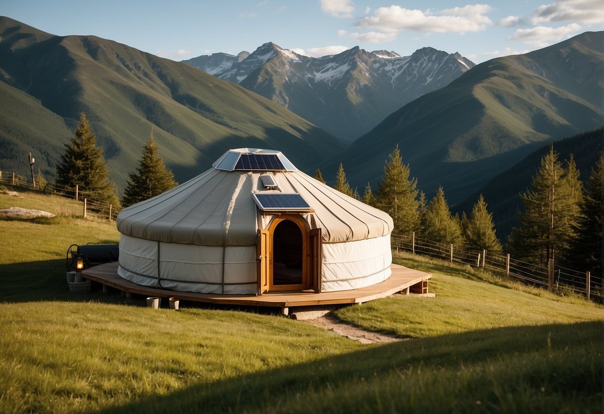 A yurt sits atop a grassy hill, surrounded by trees and mountains. It is being used as a modern dwelling, with solar panels and satellite dishes attached to its exterior