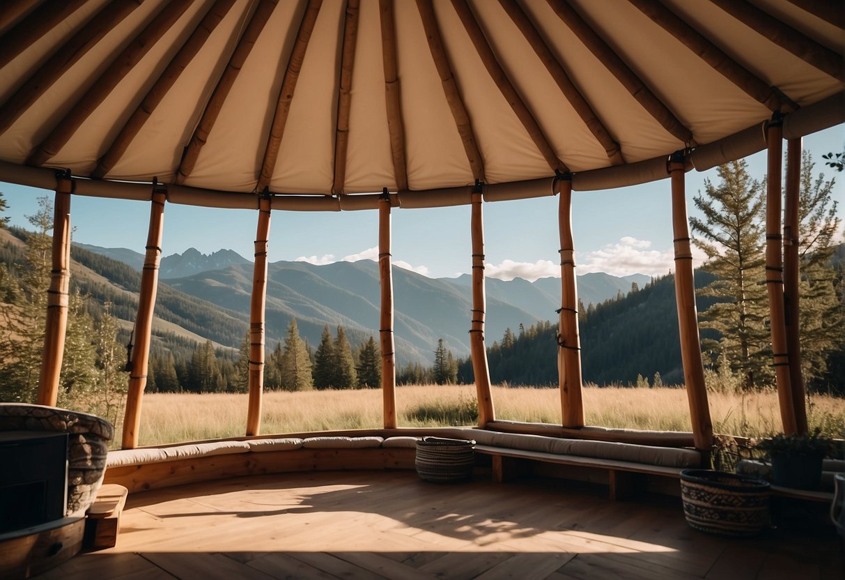 A yurt nestled in a serene natural setting, surrounded by trees and mountains, with a clear blue sky overhead