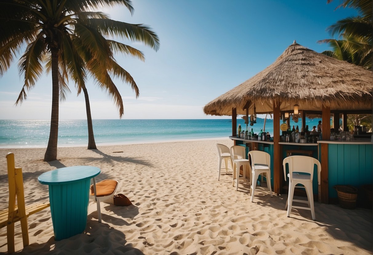 sandy beach with clear blue water lined with palm trees and beach chairs