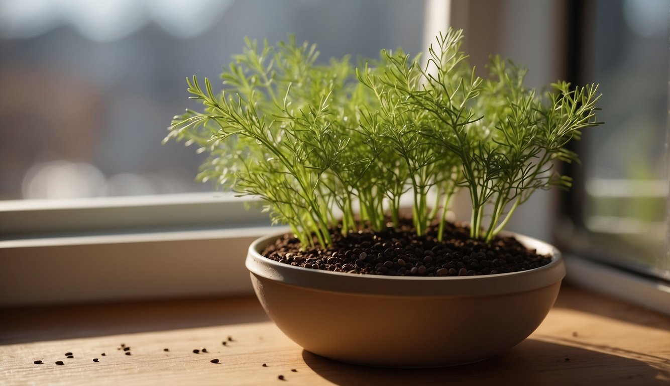 A small pot filled with soil, dill seeds scattered on the surface, a light misting of water, and a sunny windowsill for germination