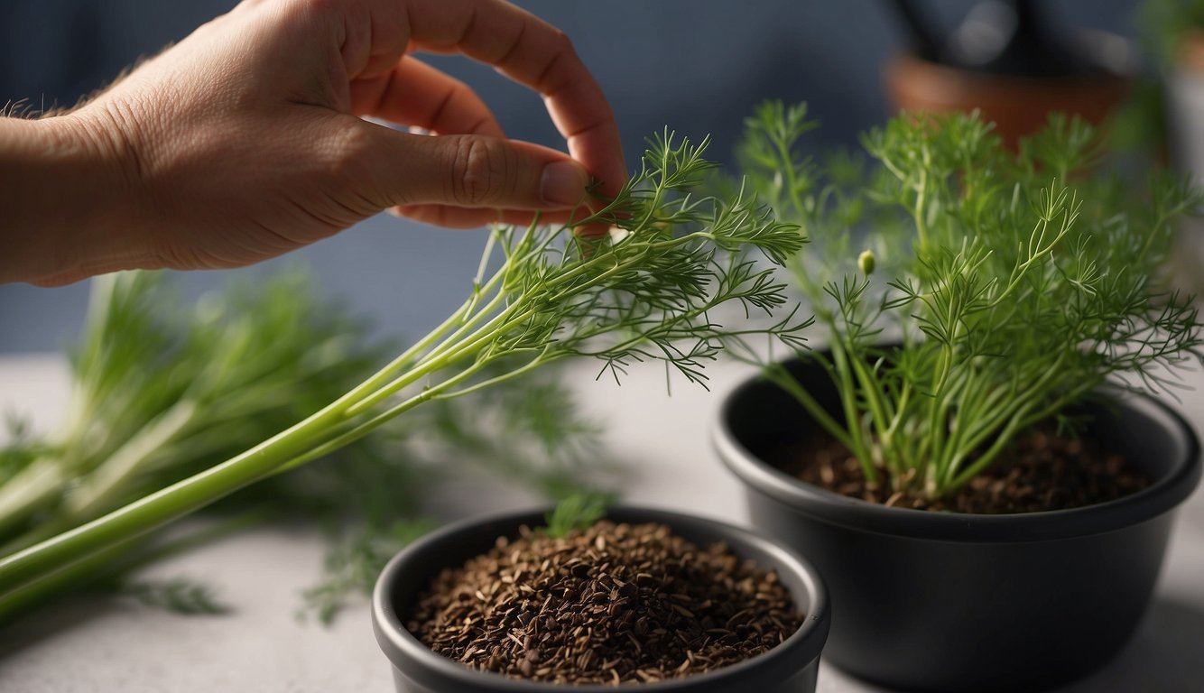 A dill stem is being cut at a 45-degree angle. The stem is then dipped in rooting hormone and placed in a pot of moist soil