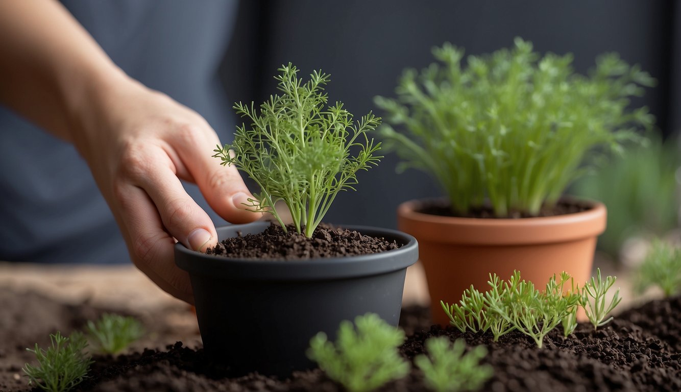 A hand holding a small dill plant, gently placing it into a pot of soil
