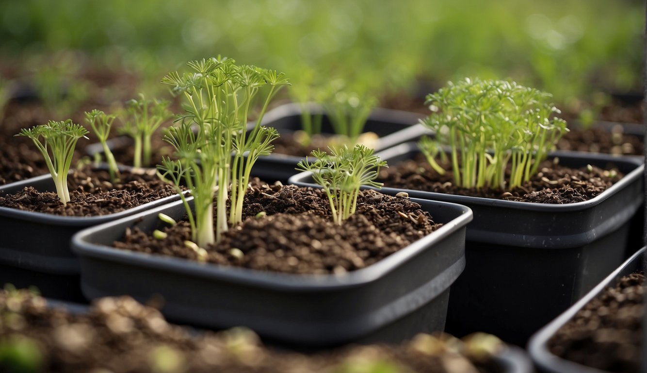 Dill seeds in soil-filled containers. Sprouts emerge, growing into mature dill plants
